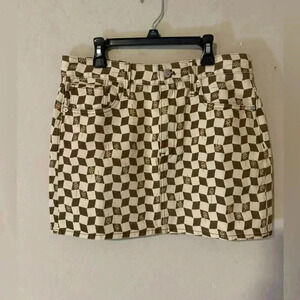 Madewell Brown Checker Daisy Print Mini Denim Skirt 70s Retro Vintage - NWT